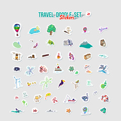 Summer holidays, ocean travel, mountain trip. Vector Set for summer time vacation. Set of stickers with sketch design element summer theme. Hand drawn doodle stickers with adventure objects