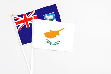 Cyprus and Falkland Islands stick flags on white background. High quality fabric, miniature...