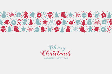 Naklejka na ściany i meble Christmas greeting card with Xmas icons and wishes. Vector