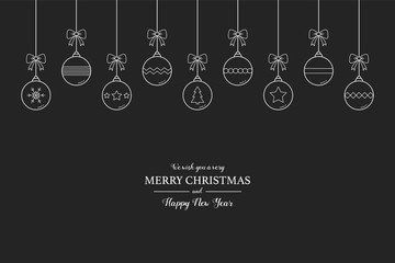 Minimalist Christmas greeting card with hanging balls and text. Xmas decoration. Vector