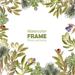 Watercolor drawing Frame with leaves, fruits and olive oil. Oil and aromatic herbs