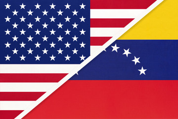 USA vs Venezuela national flag. Relationship between two countries.