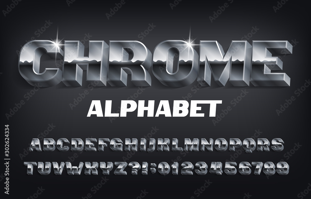 Fototapete chrome alphabet font. 3d effect bold metallic letters, numbers and symbols with shadow. stock vector