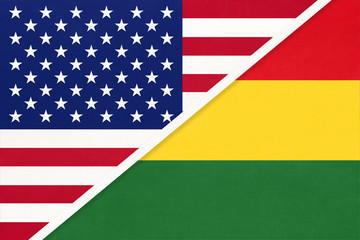 USA vs Bolivia national flag. Relationship between two countries.