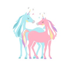 Beautiful cute pink and blue unicorns. couple of unicorns in love. isolated image. eps10
