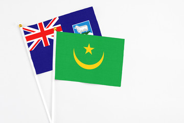 Mauritania and Falkland Islands stick flags on white background. High quality fabric, miniature...
