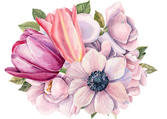 flowers light pink roses and tulips,  anemone watercolor 