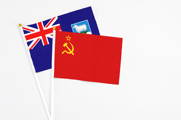 Soviet Union and Falkland Islands stick flags on white background. High quality fabric, miniature national flag. Peaceful global concept.White floor for copy space.