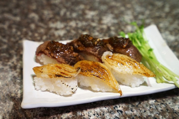 Engawa (Flounder fin) and Wagyu beef sushi