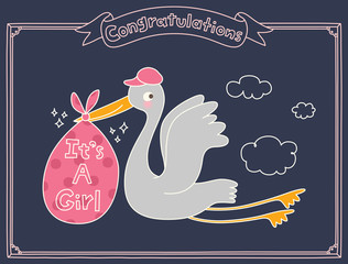 It's A Girl Stork Special Delivery. Baby Shower Announcement Card. Vector Illustration. - 302626163