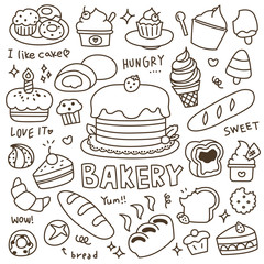Set of Cute Bakery, Pastry and Dessert Doodle. Hand Drawn. Vector Illustration. - 302626512