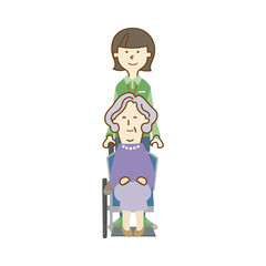 Nurse helps her grandmother to go to the walker. Caring for the elderly. Vector illustration in a flat style