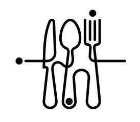 Logo of a cafe or restaurant made of forks, spoons and knives. - 302626941