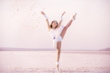 Tender young ballerina dancer in a snow-white tutu dress and white pointe shoes on a salty dried...