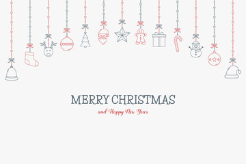 Fototapeta na wymiar Xmas greeting card with decorations. Hanging Christmas elements with text. Vector