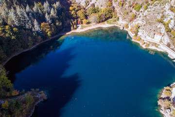 Fototapeta na wymiar Aerial view of Lake San Domenico. In the gorges of the Essayine in Abruzzo