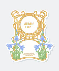Iris flower. Label, frame, border. Good for product label. with place for text Vector illustration. In art nouveau style, vintage old, retro style. Isolated on white