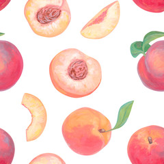 Hand drawn bright fruits seamless pattern. Realistic drawing with acrylic paint. Peach fruits, whole, leaves, cut and slice of peaches isolated on white. Botanical wallpapers. Organic food background.