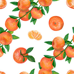 Hand drawn seamless pattern Realistic botanical drawing with acrylic paint. Branch with tangerine fruits, whole, cut and slice of tangerines isolated on white background. Element for design, wallpaper