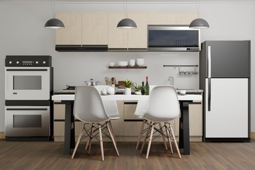 interior of white modern kitchen with table and chairs, 3d rendering