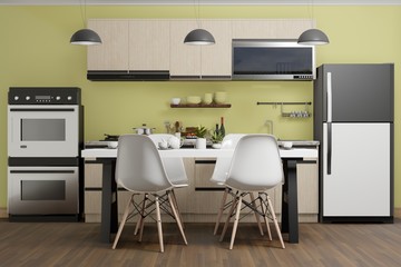 interior of yellow modern kitchen with table and chairs, 3d rendering