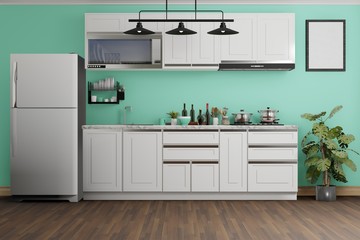 interior design of modern green kitchen, 3D rendering background