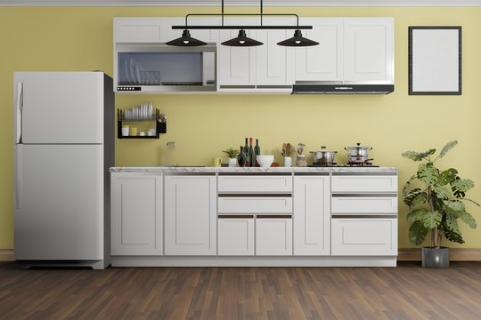 interior design of modern yellow kitchen, 3D rendering background