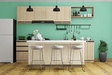 interior of modern green kitchen with counter, 3d rendering