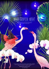 Tropical plants, flowers and birds. Template for night tropical party invitation, greeting card, banner, gift voucher, label. Colored vector illustration..