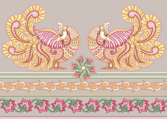 Seamless Indian floral ethnic pattern with bird. Colored vector illustration. On beige background.