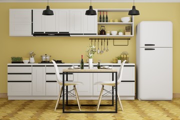 modern interior of yellow kitchen and dining room, 3d rendering background