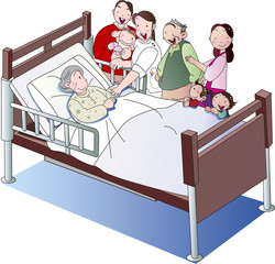 介護ベッドの老人と介護士と家族