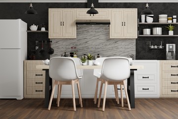 modern interior of kitchen and dining room with black loft wall, 3d render background
