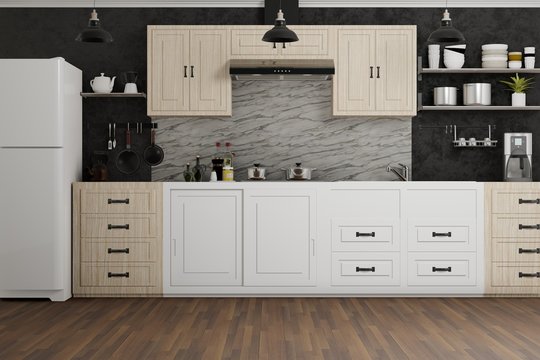 interior design of modern kitchen with black loft wall, 3d rendering