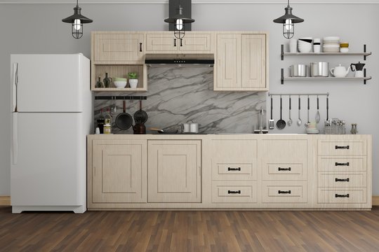 interior design of modern kitchen, 3d render illustration