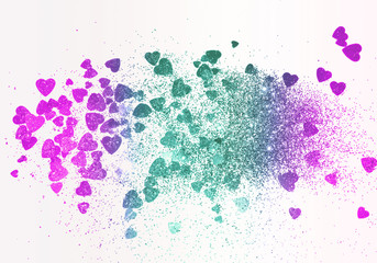 Multicolored glitter hearts on light gray background