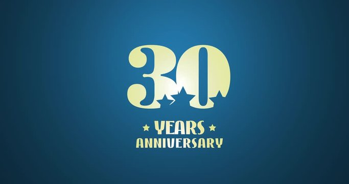 30 years anniversary 2D motion graphic 4K footage with golden metal effect, falling stars and number. 30th anniversary for birthday or wedding
