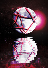 Surrealist background with moon tied by neon strings, reflected in the water © Buso87