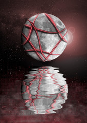 Surrealist background with moon tied by neon strings, reflected in the water