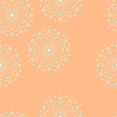 Seamless pattern, endless template with set of green mint mandalas on orange background vector illustration