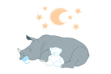 Hand drawn vector illustration with a cute baby rhinoceros sleeping celebrating new birth - isolated on white background