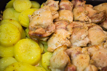 Home cooking. Chicken fillet is baked with potatoes on a baking sheet. Moscow, Russia.