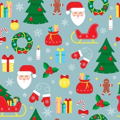 Vector Merry Christmas seamless pattern on retro winter background. Repeat backdrop with Xmas tree, Santa Claus, sleigh, gift boxes, season berry, snow flakes. Christmas pattern for paper, wrapping.