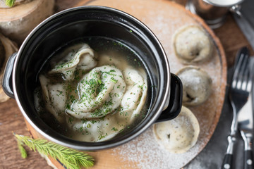Russian Traditional Meat Dumplings Served in Broth, Pelmeni