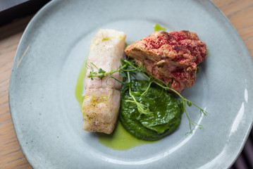 White Fish Fillet with Roasted Cauliflower and Spinach Puree