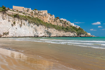 Pizzomunno rock cliff by the beach, Vieste, Gargano, Apulia, Italy.