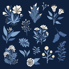 Garden floral, ice blue winter flowers and leaves