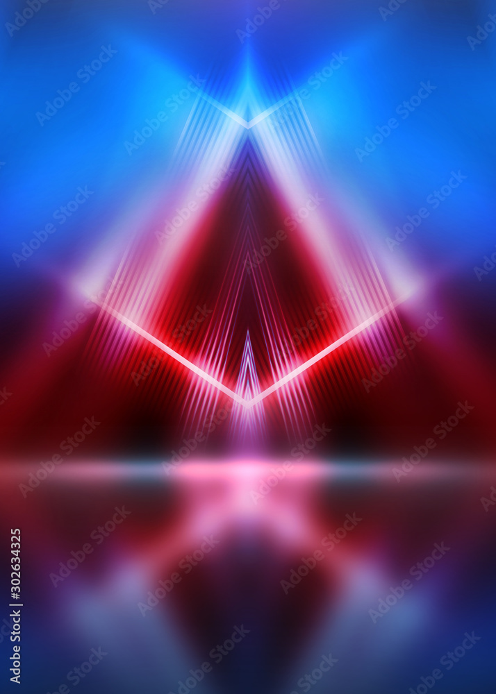 Poster empty show scene background. reflection of a dark street on wet asphalt. rays of red and blue neon l