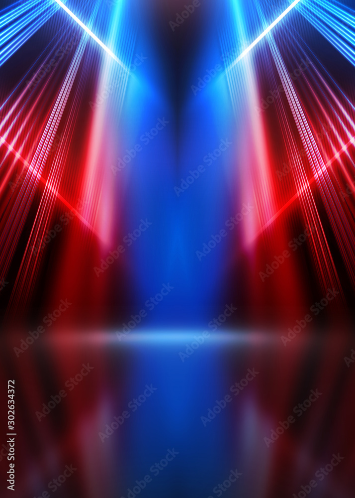 Poster empty show scene background. reflection of a dark street on wet asphalt. rays of red and blue neon l