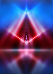 Obraz premium Empty show scene background. Reflection of a dark street on wet asphalt. Rays of red and blue neon light in the dark, neon shapes, smoke. Abstract dark background.